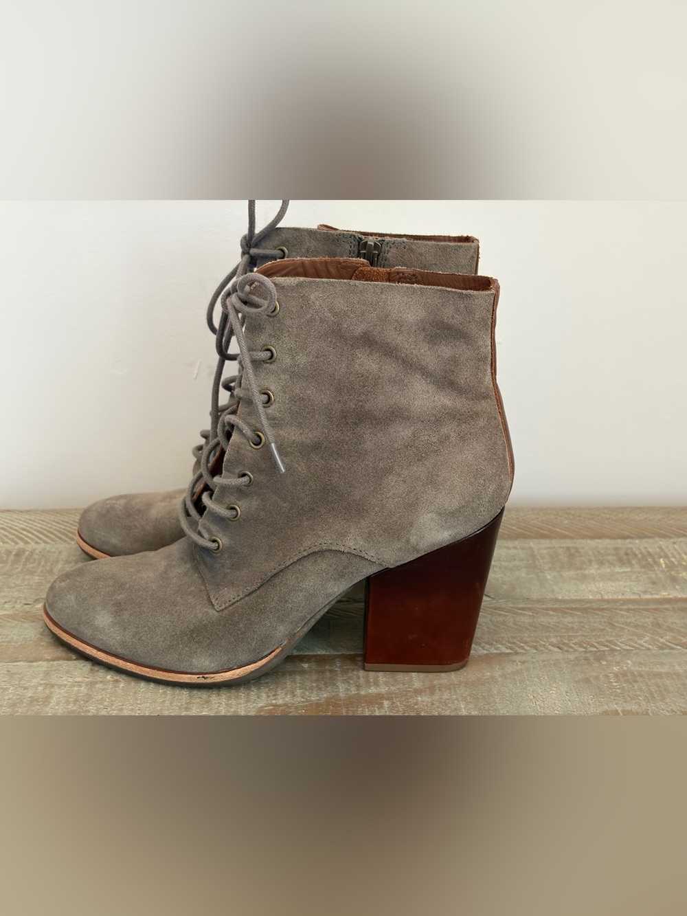Kork-Ease Mossy Taupe Suede Lace-Up Ankle Boots with Block Heel